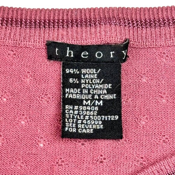 THEORY Wool Henley Sweater Sz.M Pointelle Knit Pink Preppy Lightweight Cottage - Picture 5 of 10